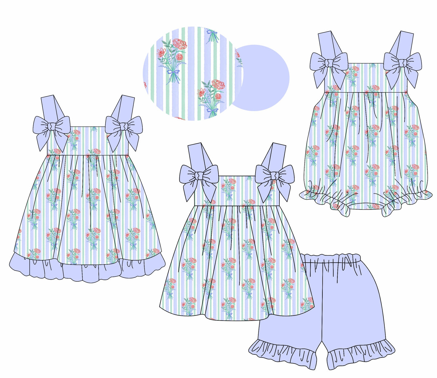 Baby Girl Straps Flower Bows Stripes Sibling Romper Dress Set ( Moq 5 Each Style ) 1.21