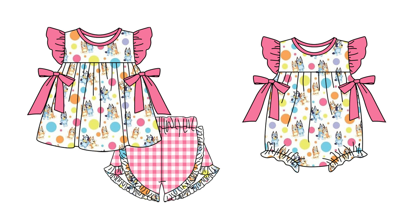 Children Girl Short Sleeves Dogs Bows Sibling Romper Clothes Set ( Moq 5 Each Design )11.28