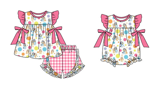 Children Girl Short Sleeves Dogs Bows Sibling Romper Clothes Set ( Moq 5 Each Design )11.28