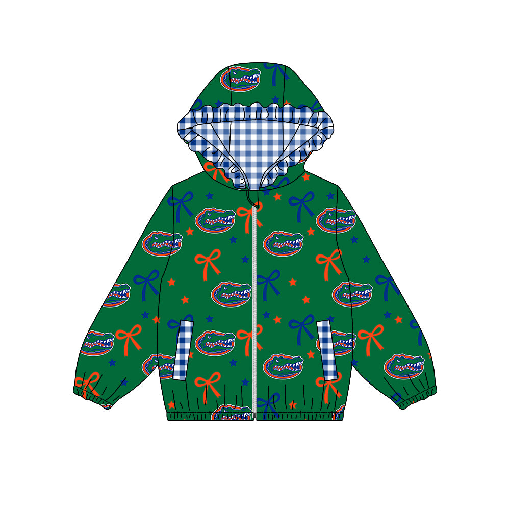 ( Moq 5 ) Custom Baby Girl Kids Bows Pockets Zipper Ruffle Hoodie Green Coat Team Tops