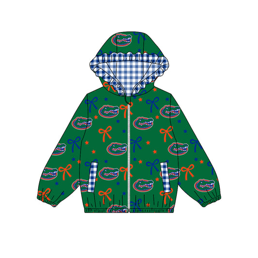 ( Moq 5 ) Custom Baby Girl Kids Bows Pockets Zipper Ruffle Hoodie Green Coat Team Tops