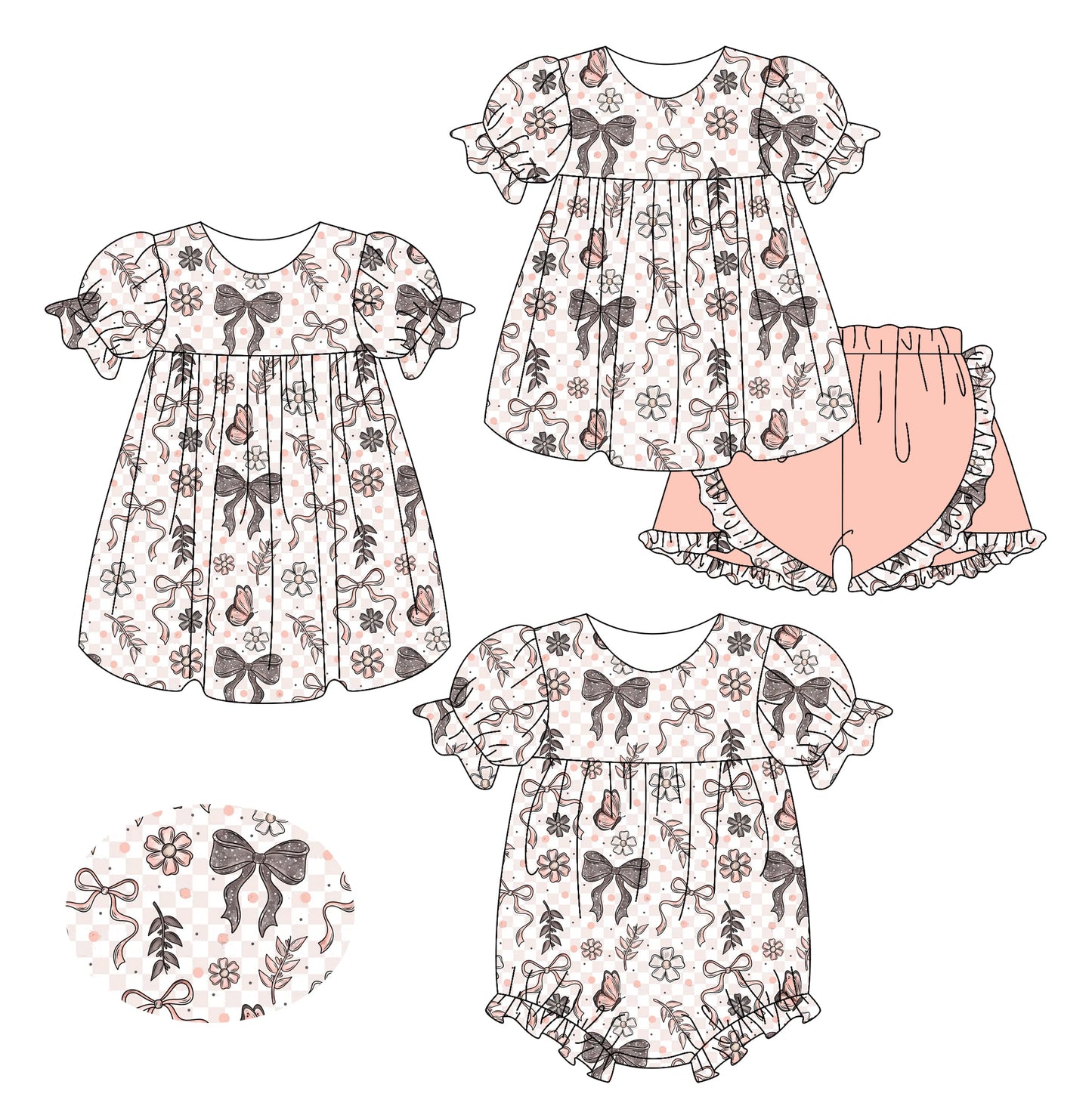 Baby Girl Short Sleeves Bows Flower Sibling Romper Dress Set ( Moq 5 Each Style ) 2.15