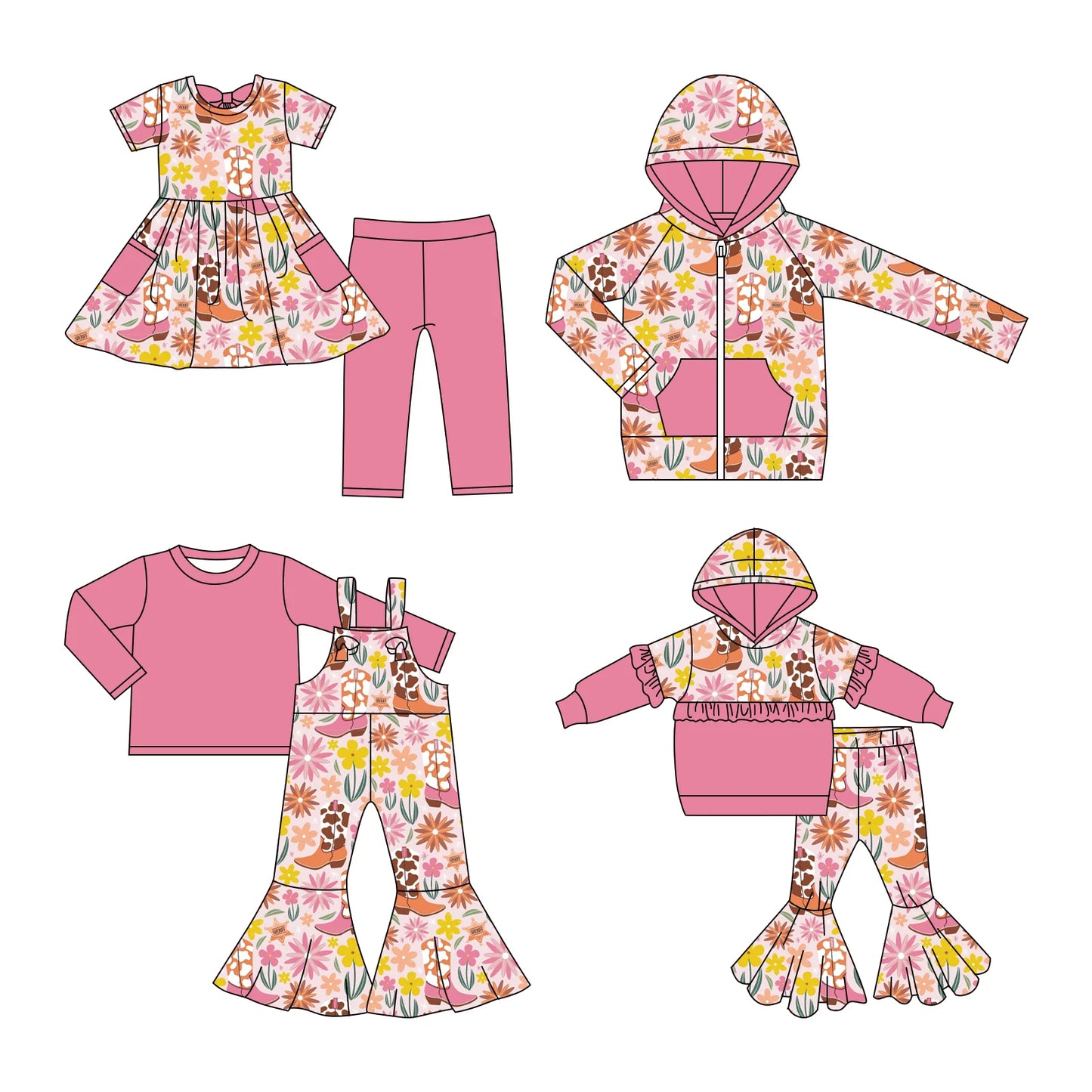 ( Moq 5 Each Style ) Baby Girls Kids Flower Boots Western Sibling Hoodie Shirt Sets