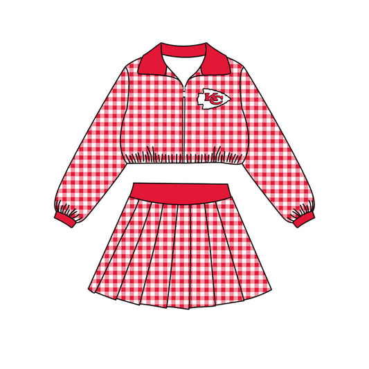 ( Moq 5 ) Baby Girls Kids Long Sleeves Plaid Zipper Tops Skirt Shorts Team Set Clothes