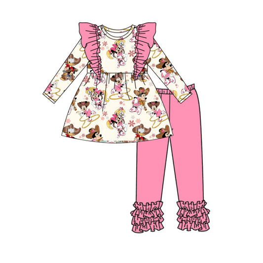 Baby Girl Long Sleeves Western Horse Flower Cartoon Tops Pink Ruffle Pants Set Moq 5