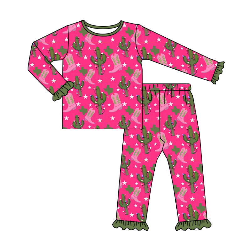 Baby Girl Toddler Long Sleeves Cactus Boots Christmas Shirt Bell Pants Pajamas Set