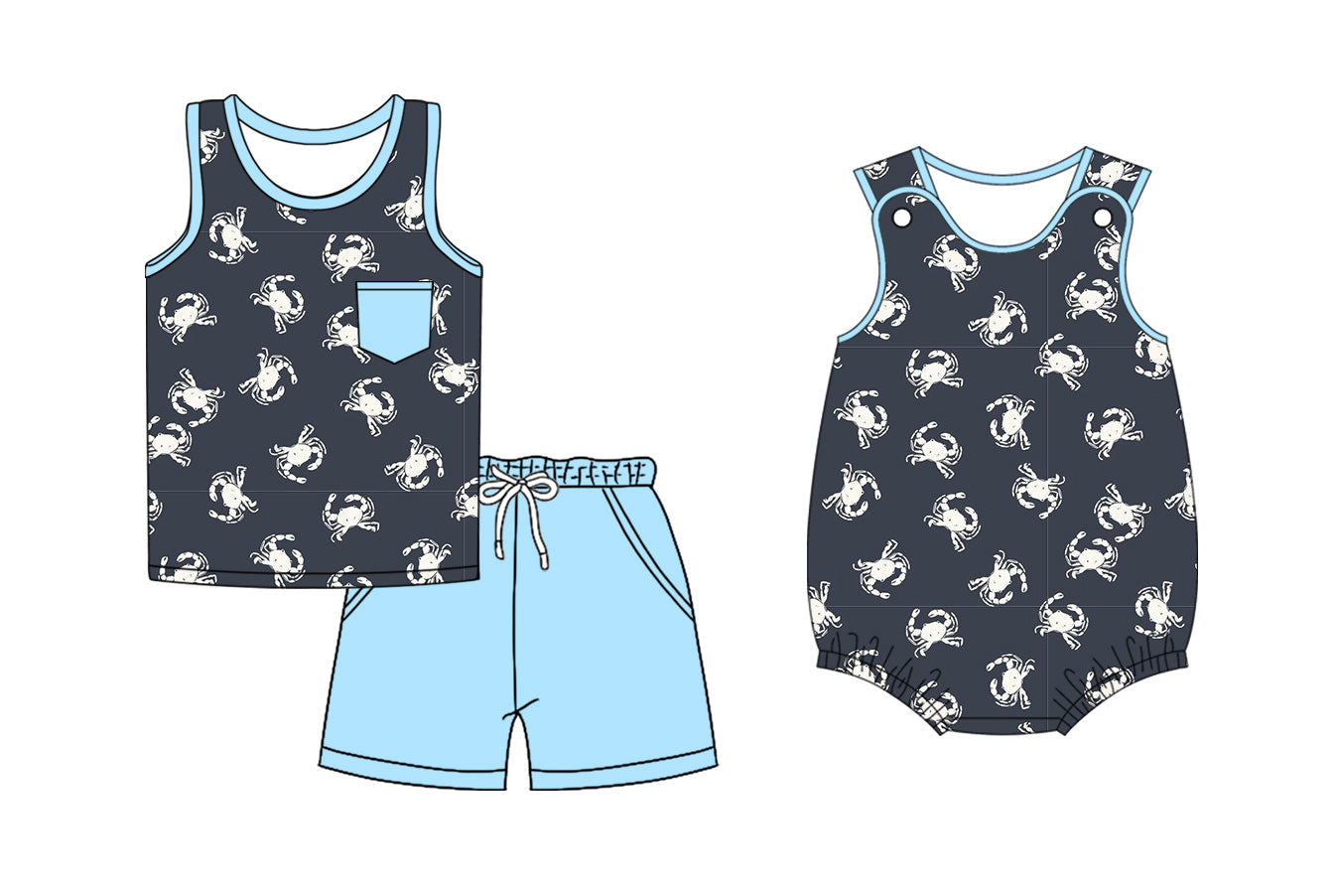Baby Boy Sleeveless Crabs Sibling Romper Set ( Moq 5 Each Style ) 3.12