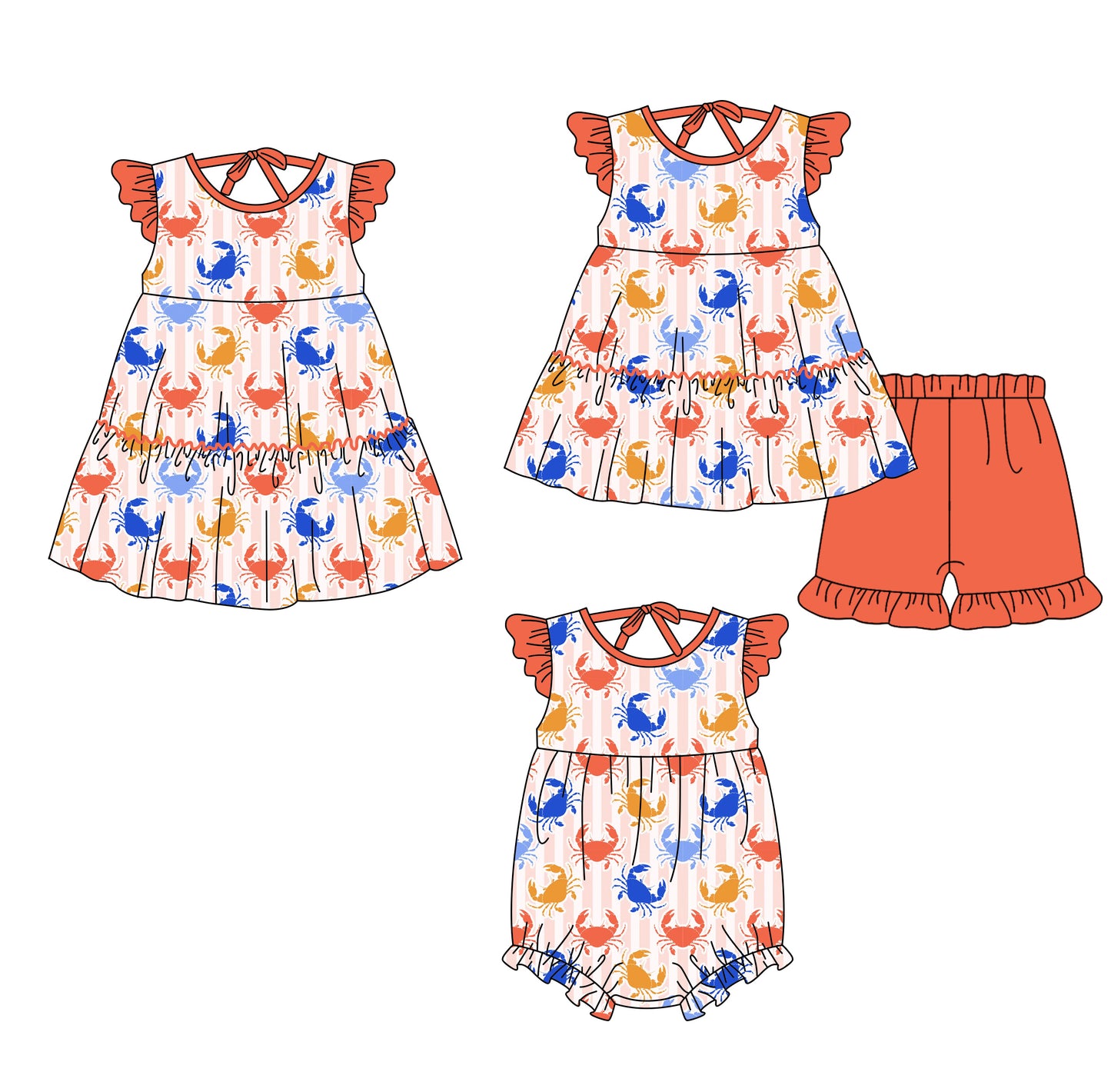 ( Moq 5 Each Style ) Sibling Baby Girls Kids Crabs Stripes Romper Dress Set Summer Clothes
