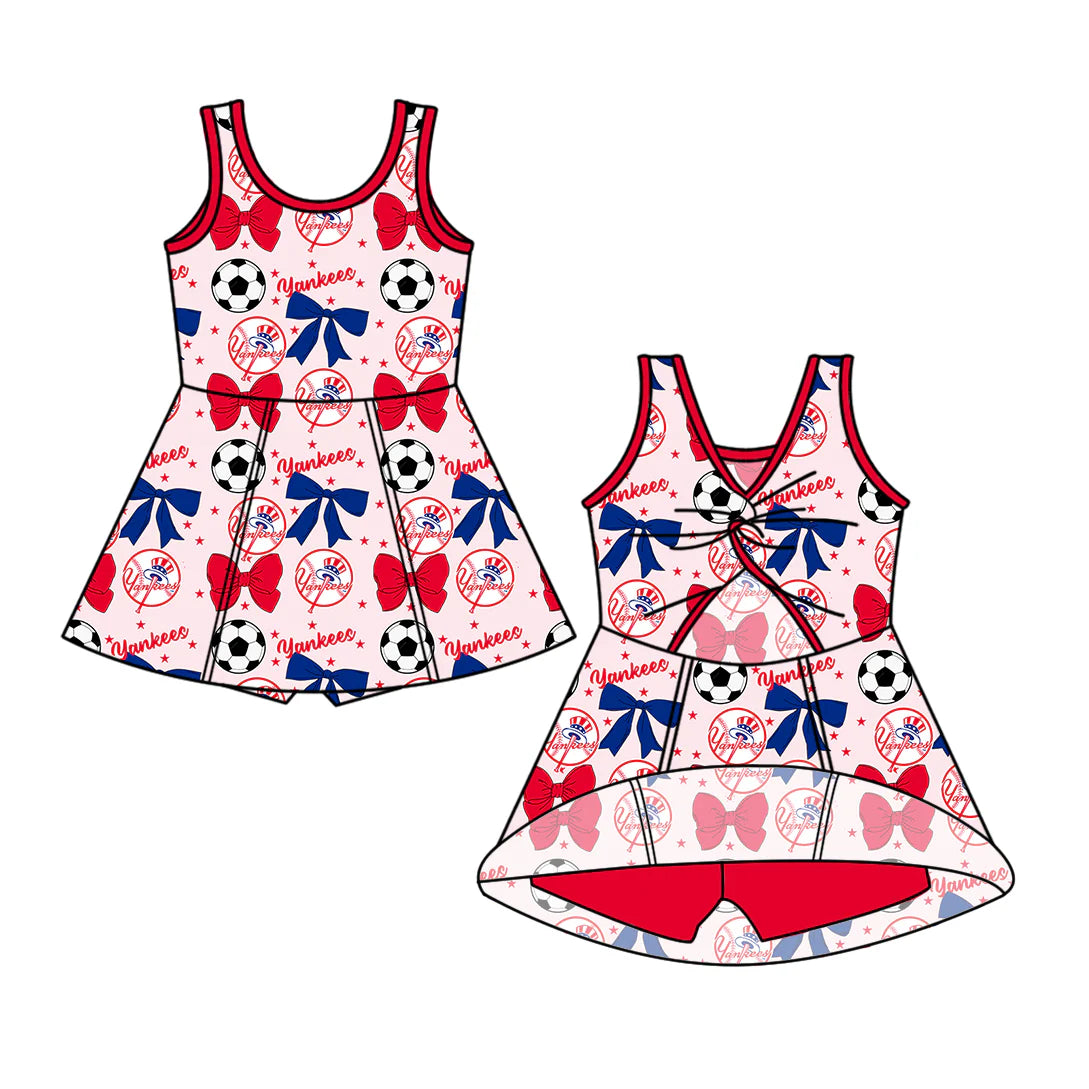 ( Moq 5 each style ) Baby Girl Toddler Team Red Blue Bows ‌Soccer‌ Sibling Romper Dress Set 6.14