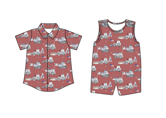 Baby Boy Trucks Sibling Romper Shirt ( Moq 5 Each Style ) 12.27