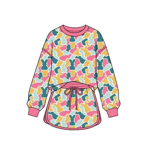 ( Moq 5 ) Preorder Baby Girls Kids Long Sleeves Shirt Rabbits Camo Skirt Shorts Easter Set