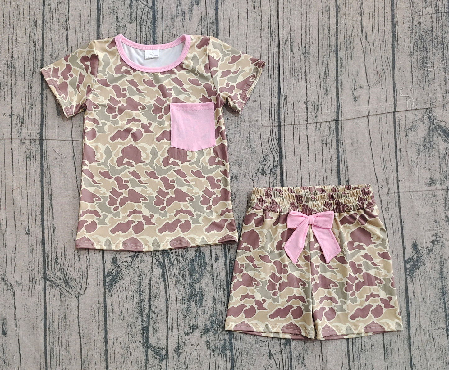 Baby Girls Kids Short Sleeves Camo Pocket Shirt Pink Bow Shorts Clothes Set RTS