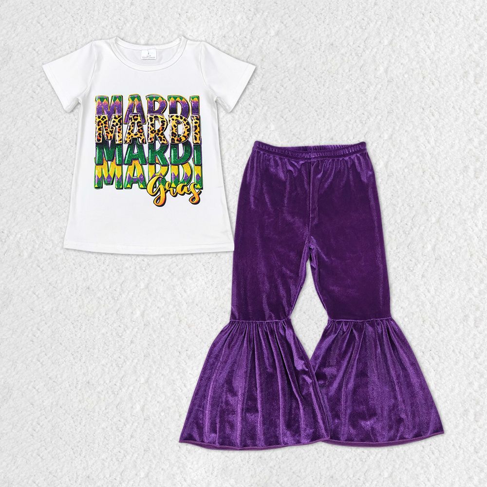 GSPO1325 Baby Girl Short Sleeves Mardi Gras Shirt Purple Velvet Bell Pants Set