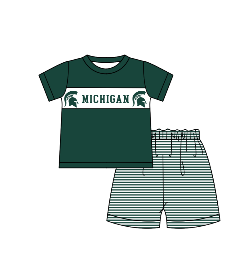 ( Moq 5 ) Baby Boys Toddler Short Sleeves Green Shirt Stripes Shorts Team Summer Set