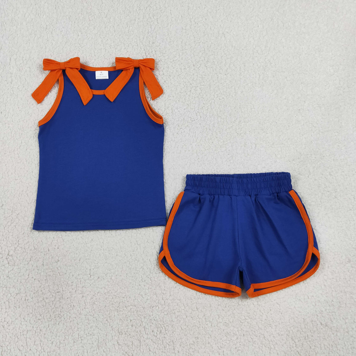 Baby Girls Kids Orange Trim Sleeveless Bows Shirt Shorts Blue Set Summer Clothes RTS