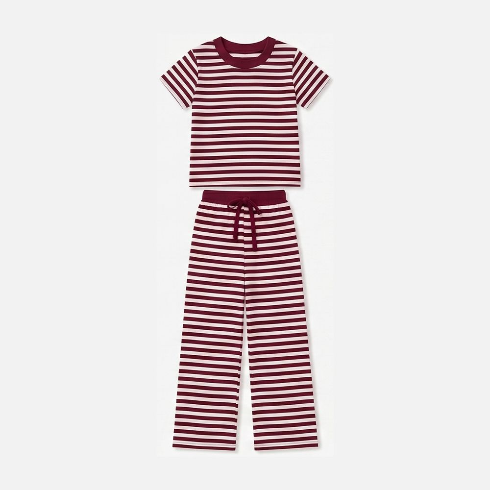 ( Moq 5 ) Preorder Baby Girls Kids Dark Red Stripes Shirt Pants Pajamas Set Clothes