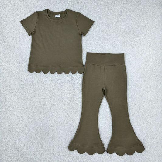 Baby Girls Kids Short Sleeves Olive Shirt Pants Scallop Set Olive Clothes