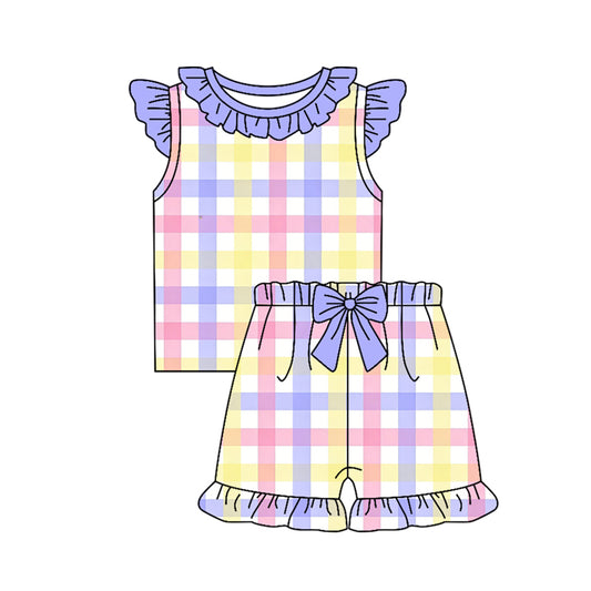 ( Moq 5 ) Preorder Baby Girl Kids Purple Short Sleeves Plaid Tops Bows Shorts Set Summer Clothes