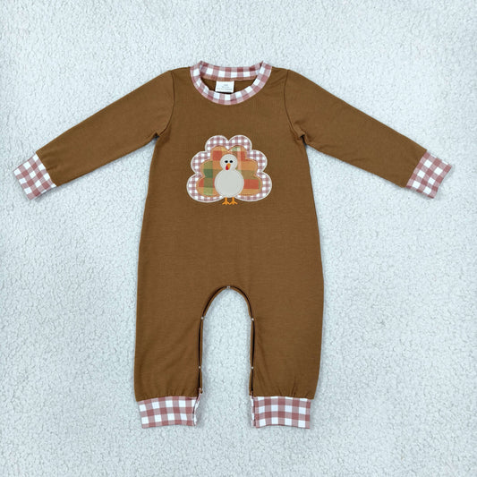 Baby Boy Infant Embroidery turkey Thanksgiving Brown Romper Clothes RTS