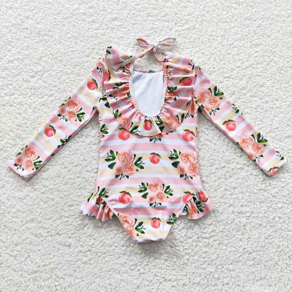 S0139 Baby Girl Peach Floral One Piece Summer Swimsuit