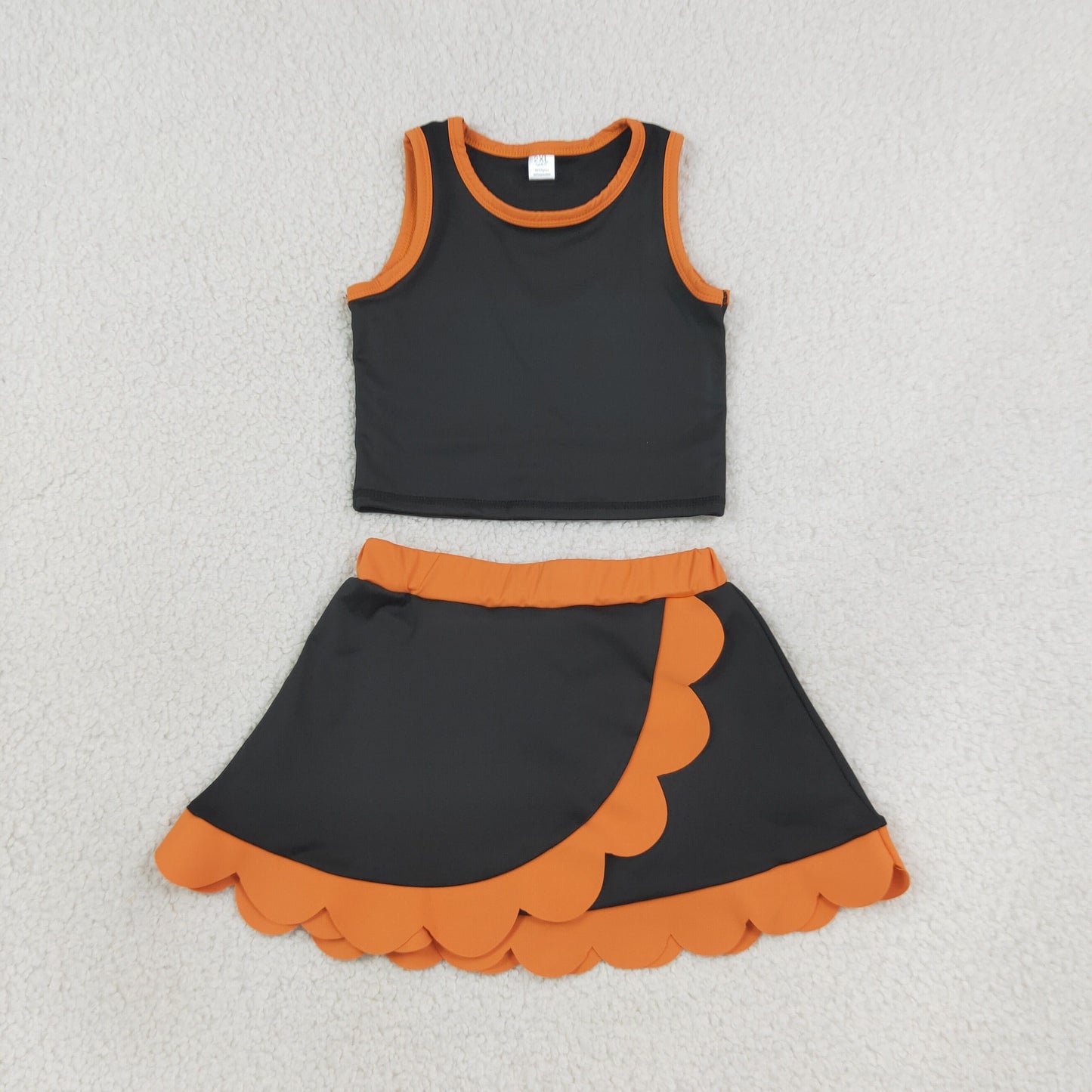 Baby Girls Kids Black Shirt Orange Scallop Skirt Shorts Yoga Active Set Clothes RTS