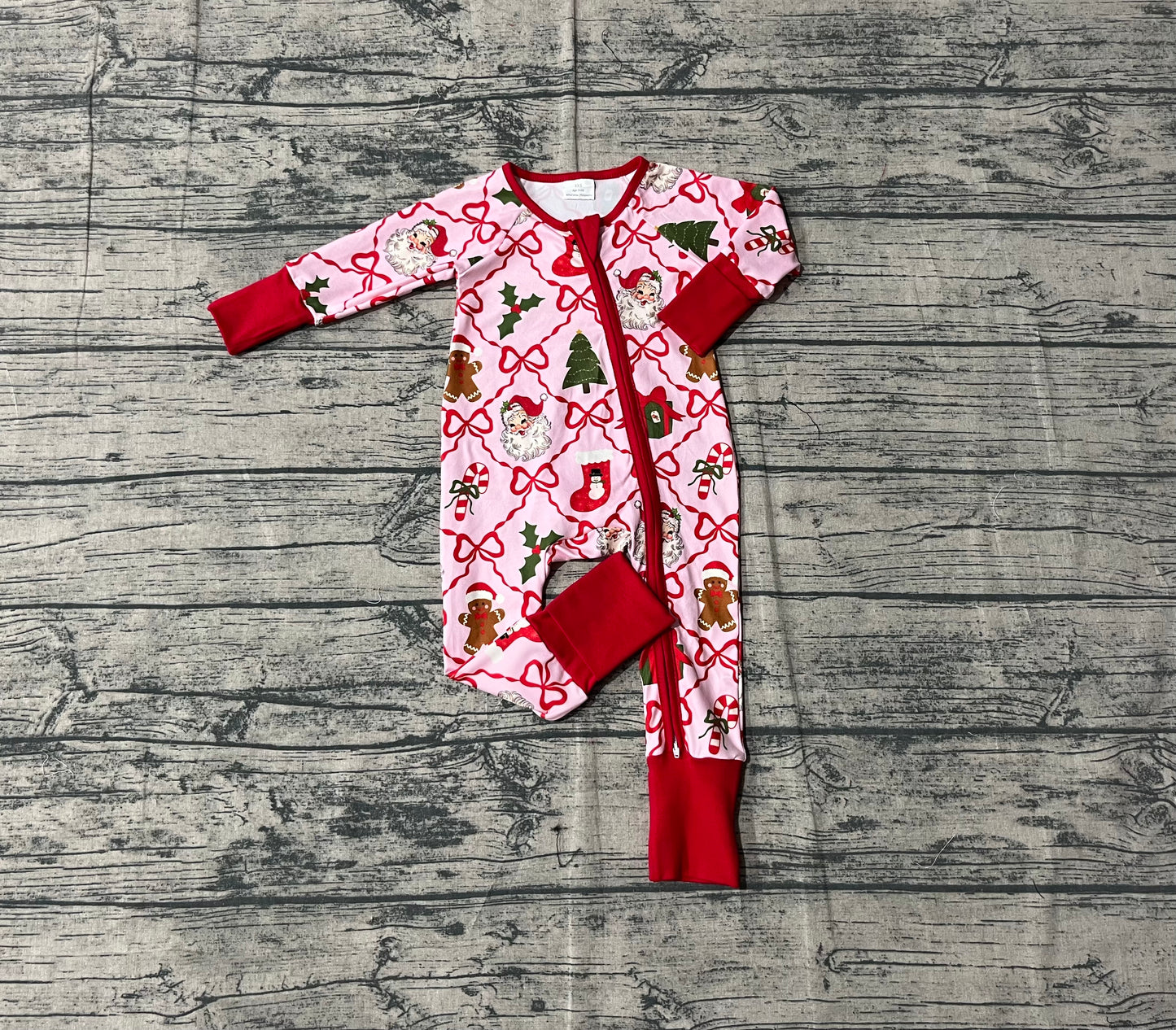 ( No moq ) Preorder Girls Infant Gingerbread Bows Santa Zipper Pajamas Footie Romper