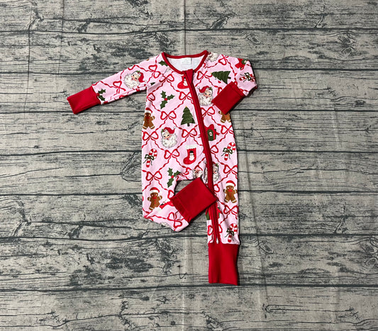 ( No moq ) Preorder Girls Infant Gingerbread Bows Santa Zipper Pajamas Footie Romper
