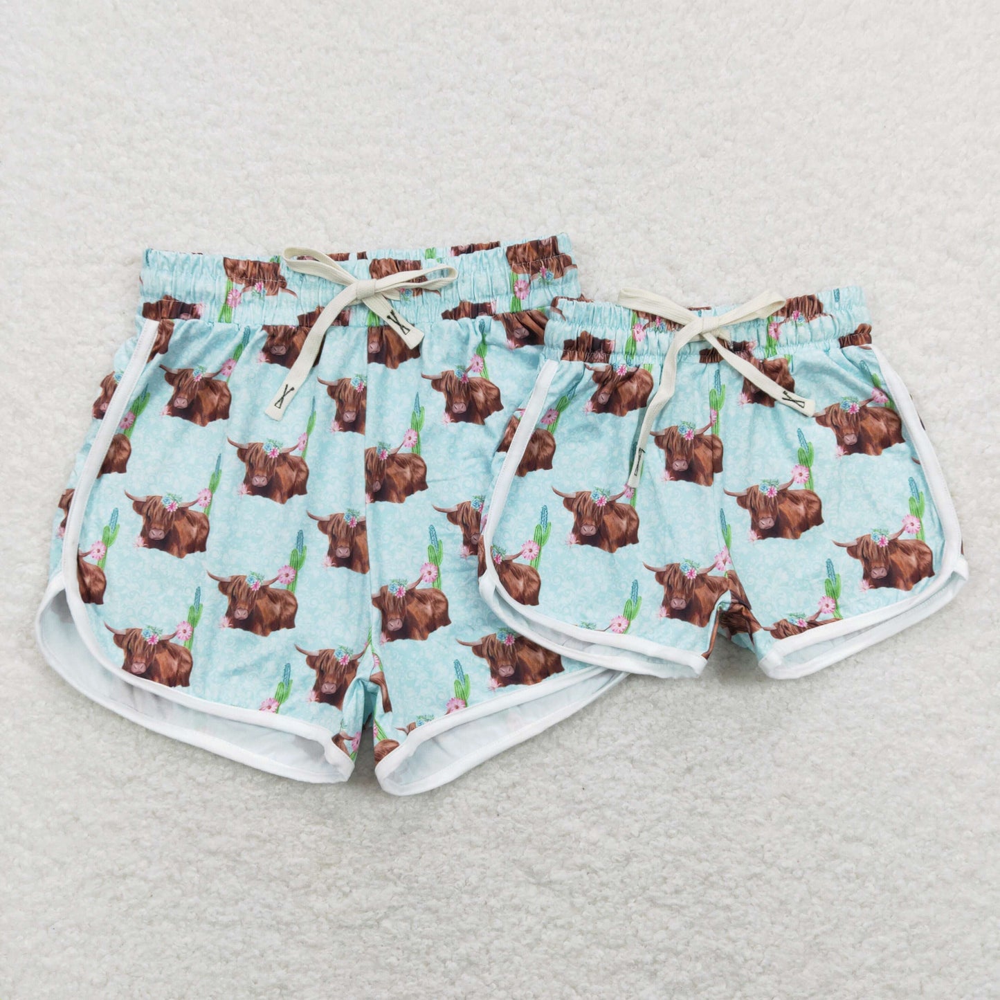 SS0123 Baby Girl Western Cow Print Summer Blue Running Shorts