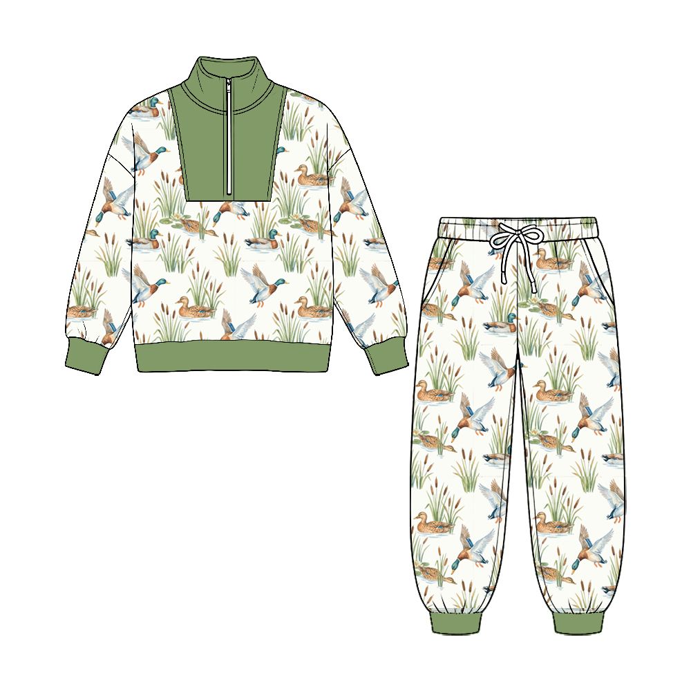 ( No moq ) Preorder Baby Boys Kids Long Sleeves Zipper Ducks Shirt Pockets Pants Set Clothes