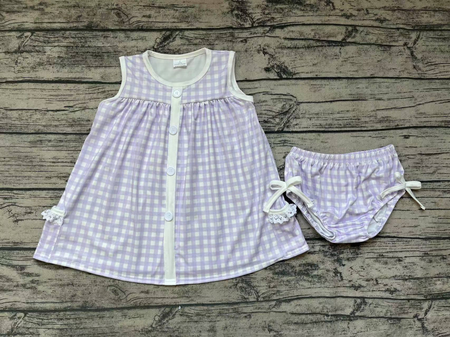 No moq Pre-order Baby Girl Sleeveless Pocket Tunic Purple Plaid Bummie Shorts Summer Set