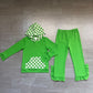 ( No moq ) Preorder Baby Girls Kids Checked Pocket Hoodie Shirt Pants Green Set Cotton Clothes