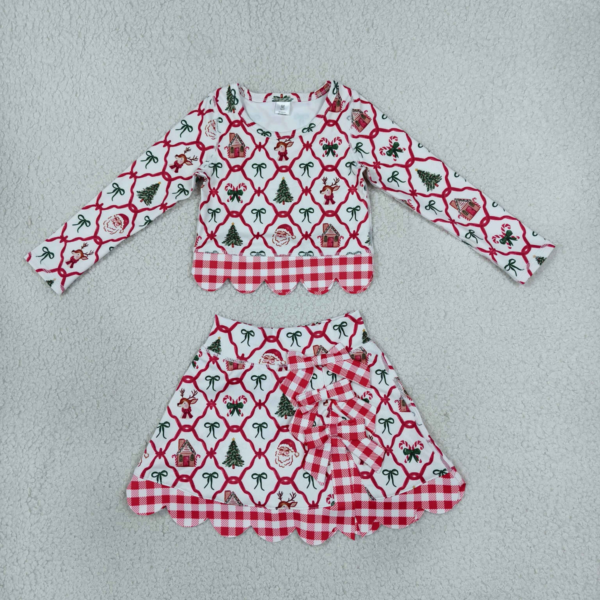Baby Girls Kids Christmas Santa Shirt Bows Scallop Skirt Shorts Yoga Active Set Clothes RTS