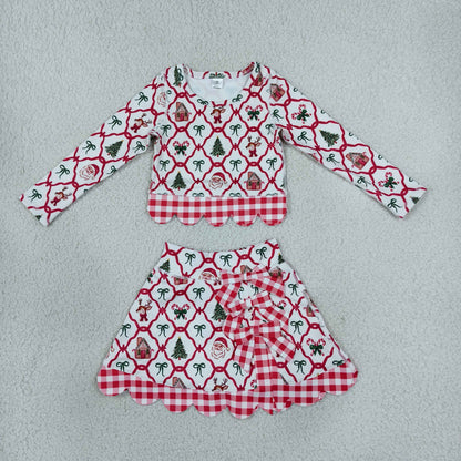 Sibling Baby Girls Kids Santa Bows Shirts Bows Scallop Skirts Shorts Yoga Active Sets Christmas Clothes RTS