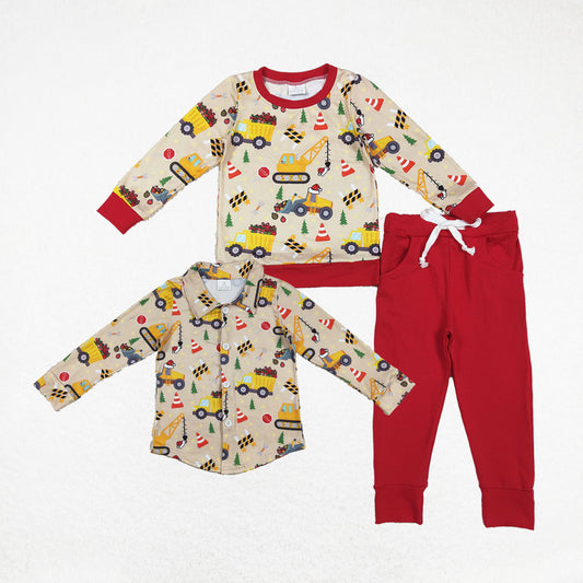 Baby Boy Long Sleeves Trucks Christmas Sibling Buttons Shirt Set Clothes RTS