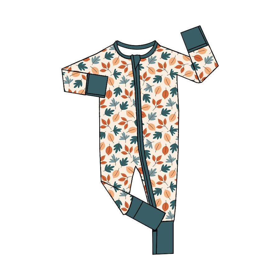 Baby Boy Fall Leaves Fall Zipper Green Romper