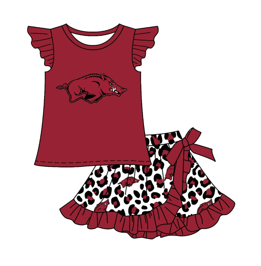 Baby Girl Pig Team Red Shirt Ruffle Leopard Shorts Skirt Skort Clothes Set ( Moq 5 )