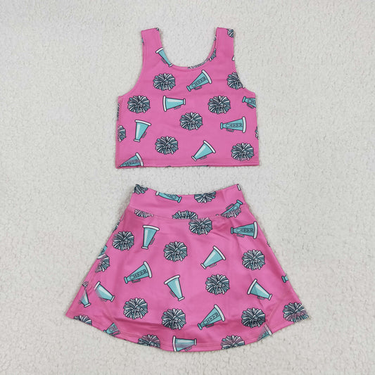 Baby Girl Sleeveless Cheer Shirt Tops Skirts Shorts Skorts Yoga Active Wear Pink Set RTS