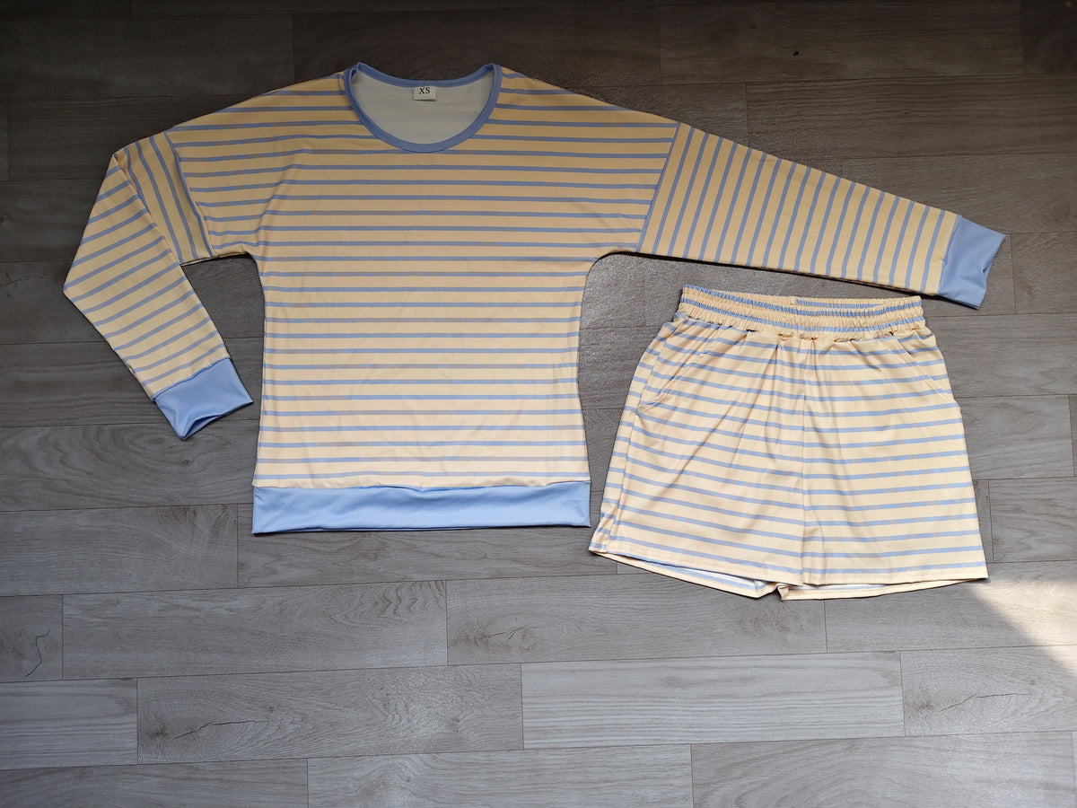 ( No moq ) Preorder Adult Women Long Sleeves Yellow Blue Stripes Shirt Pockets Shorts Yoga Active Set