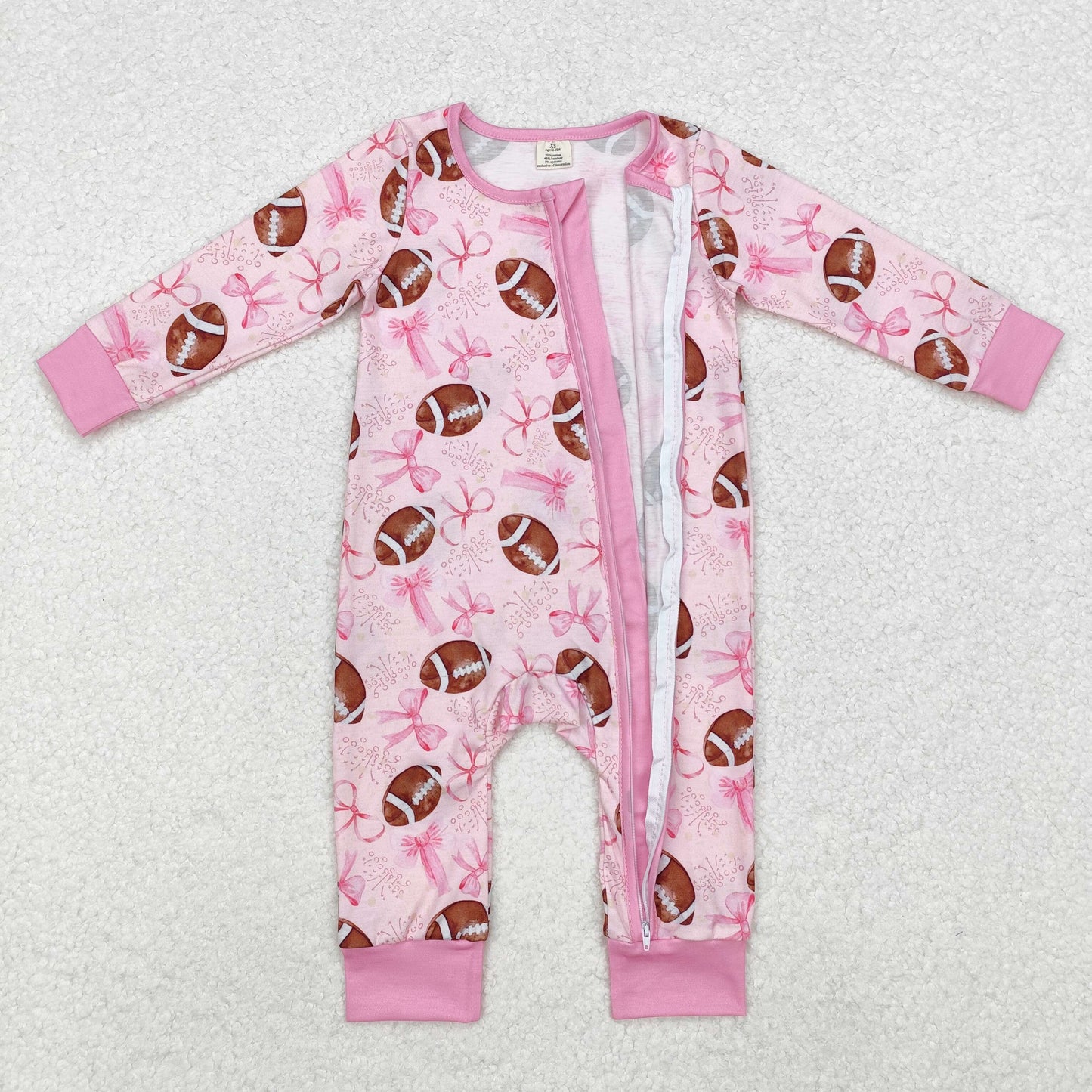 Baby Girl Long Sleeves Bows Football Zipper Pink Bamboo Romper