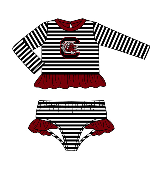 ( Moq 5 ) Baby Girls Long Sleeves Chicken Ruffle Tops Stripes Shorts Team Set Swimsuit