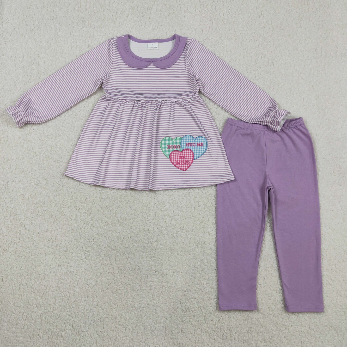 Baby Girls Embroidery Hearts Stripes Tunic Purple Leggings Valentines Clothes Set RTS