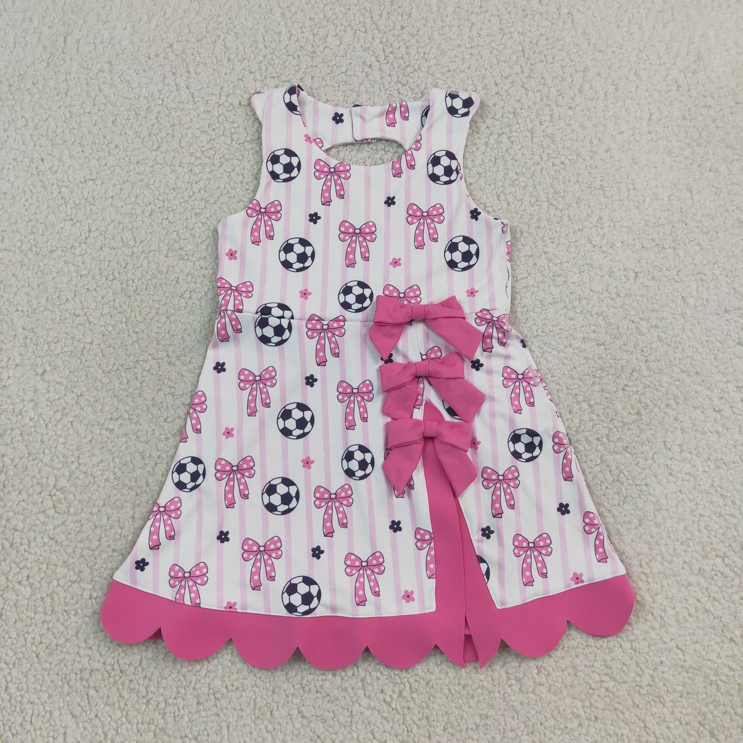 Baby Girls Kids Sleeveless Soccer Bows Stripes Scallop Yoga Active Pink Dress RTS