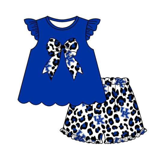 Baby Girl UK Team Bow Blue Tunic Leopard Shorts Clothes Set ( Moq 5 )