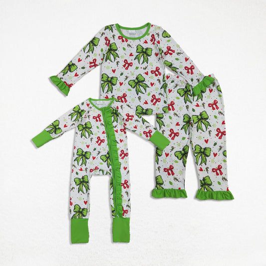 Baby Girl Long Sleeves Green Bows Candy Christmas Pajamas Sibling Romper Set Clothes RTS
