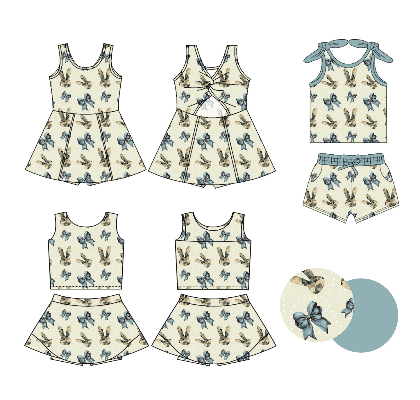 ( Moq 5 Each Style ) Baby Girls Kids Sleeveless Easter Rabbits Green Bows Sibling Dress Sets