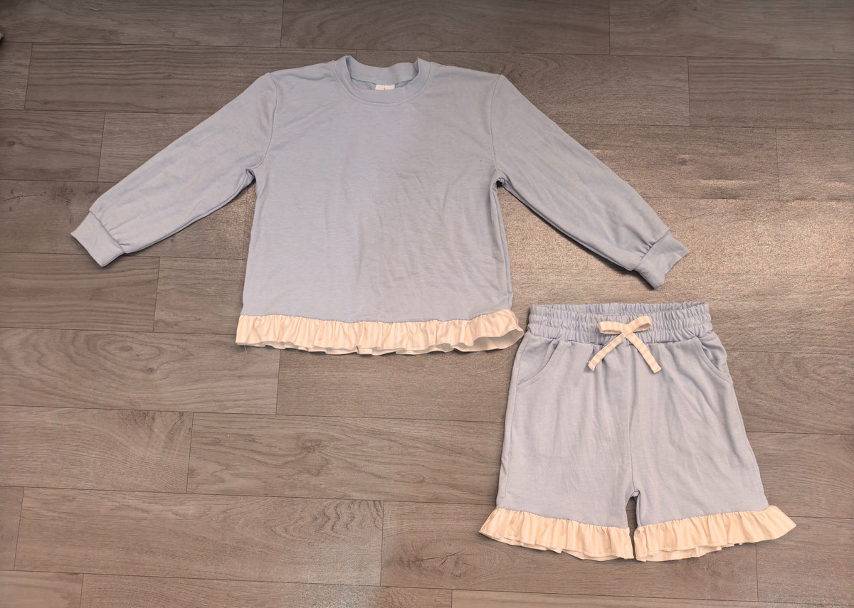 ( No moq ) Preorder Baby Girls Kids Long Sleeves Blue Shirt Stripes Shorts Set Cotton Clothes