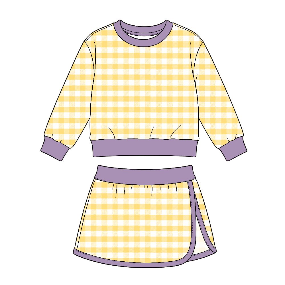 ( Moq 5 ) Preorder Baby Girls Kids Yellow Plaid Shirt Skirt Shorts Set Yoga Active Clothes