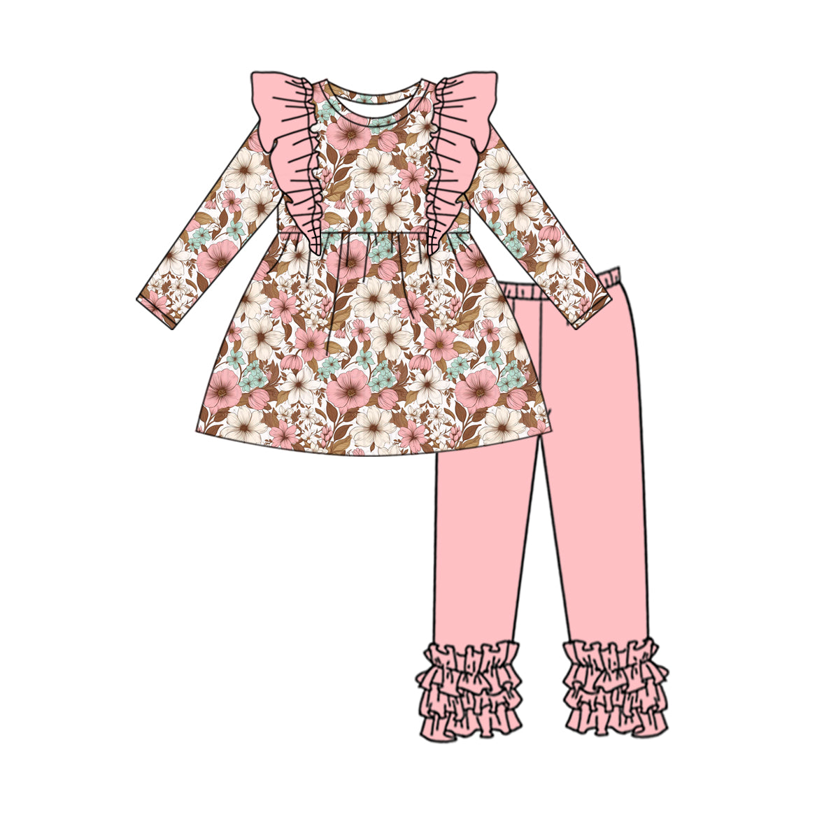 Baby Girl Long Sleeves Flower Tops Pink Ruffle Pants Set Moq 5