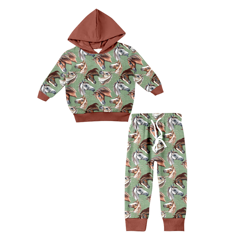 Baby Boy Western Horse Hoodie Shirt Pants Green Set