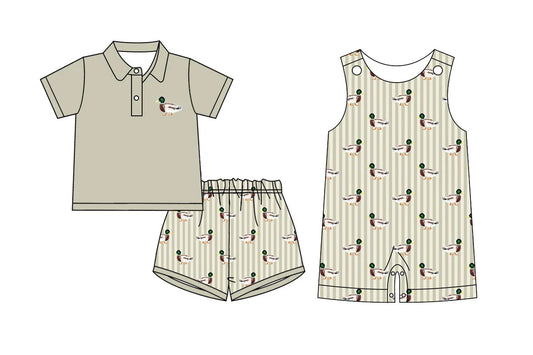 ( Moq 5 Each Style ) Baby Boys Short Sleeves Ducks Stripes Sibling Romper Set